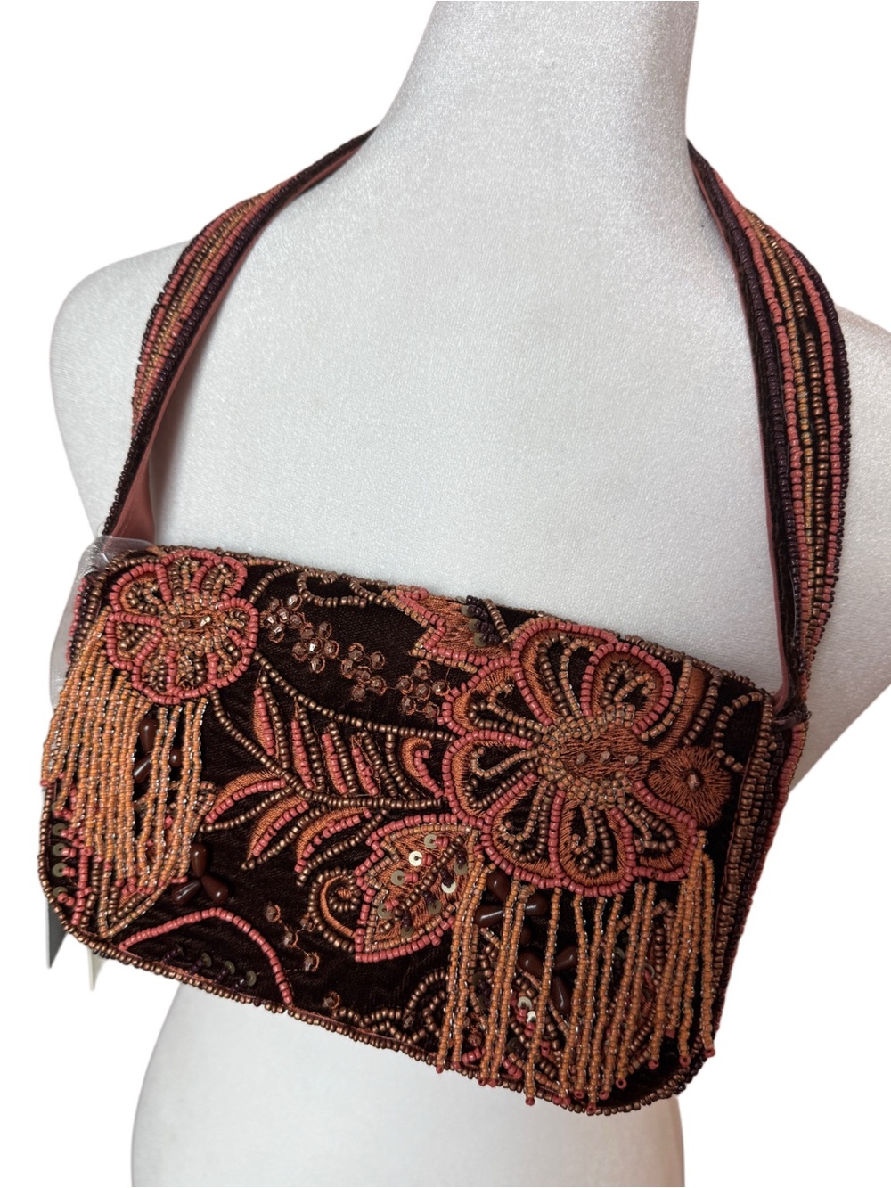 NWT From India To You Brown Beaded Floral Shoulder Bag